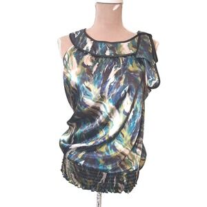 IZ Byer California Women Large Abstract Print Satin Smocked Hem Blouse Top Blue